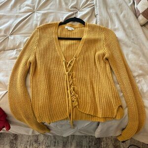 Aeropostale Mustard Lace-Up V-Neck Knit Sweater